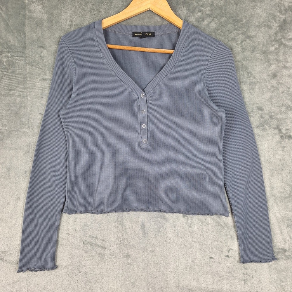 Womens Top Large Blue Ribbed Waffle Henley Cropped Twee Y2K Lettuce Hem Casual